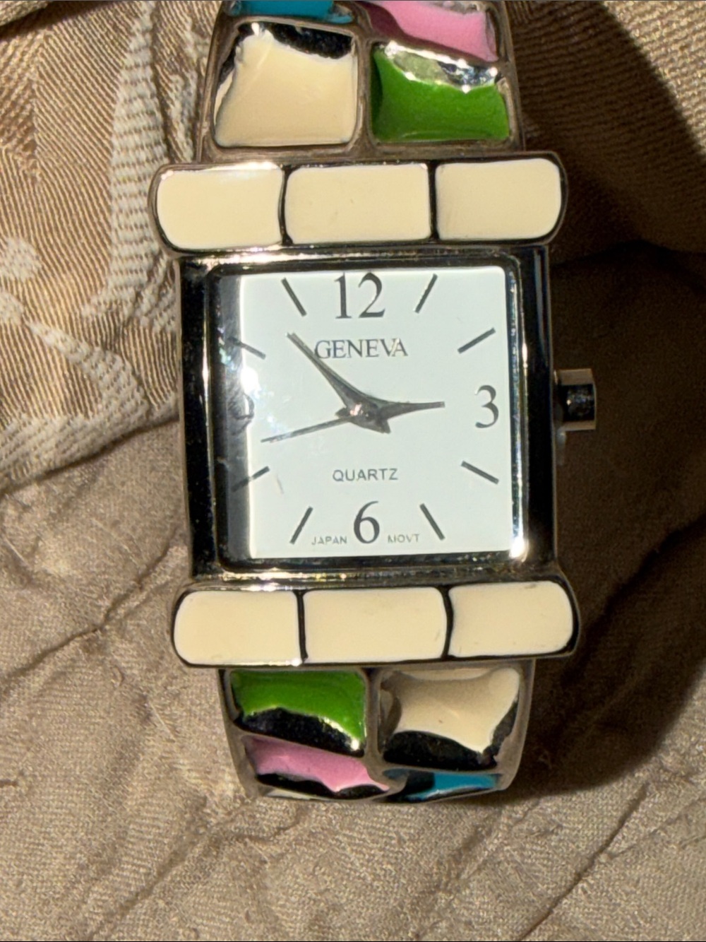 Geneva Silver Bracelet Watch with Pink, Green, Blue & Cream Enamel hinged